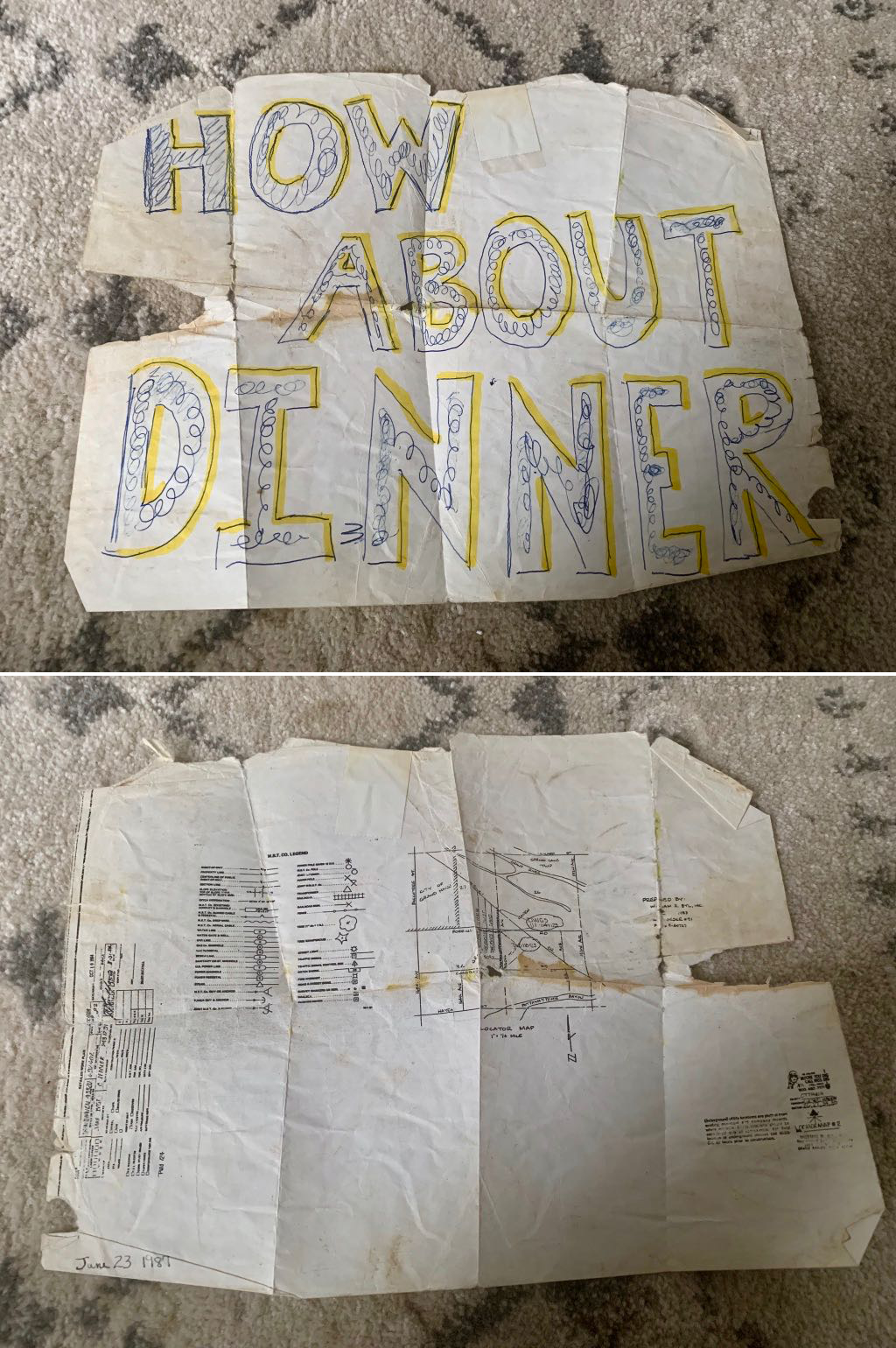 Sign drawn on blueprint. (June 23, 1987) /img/2018/2018-11-09_how-about-dinner.png